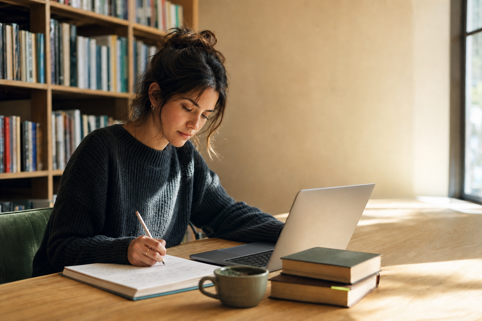 A reader using a laptop and taking notes in a library